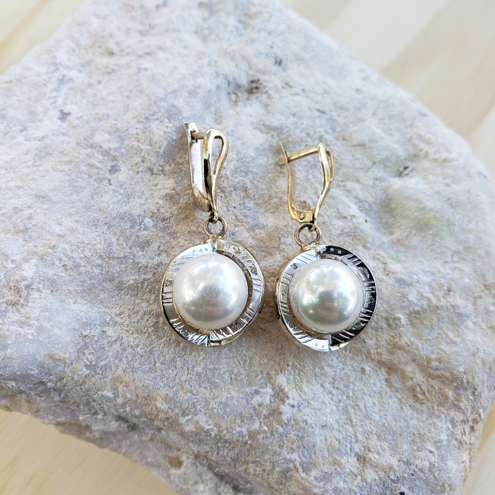 Vintage Soviet Russian 14k Yellow Gold Pearl Earrings